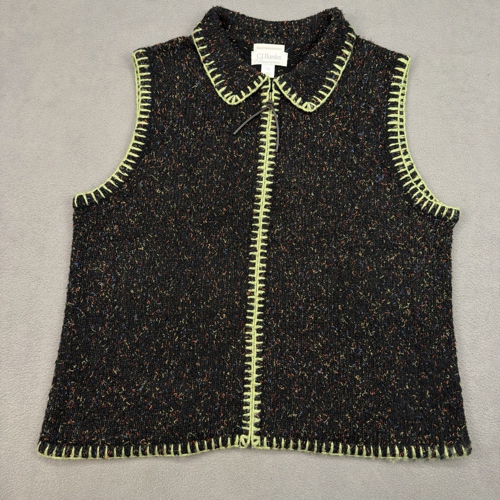Vintage CJ Banks Hand Embroidered Sleeveless Vest Women's 1X Black Green Speckle
